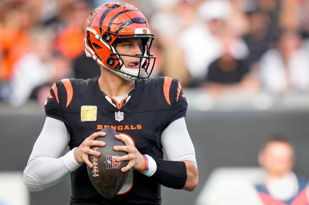 Cincinnati Bengals quarterback Joe Burrow (9) stands in the pocket before throwing in the fourth quarter of the NFL Week 9 game between the Cincinnati Bengals and the Las Vegas Raiders