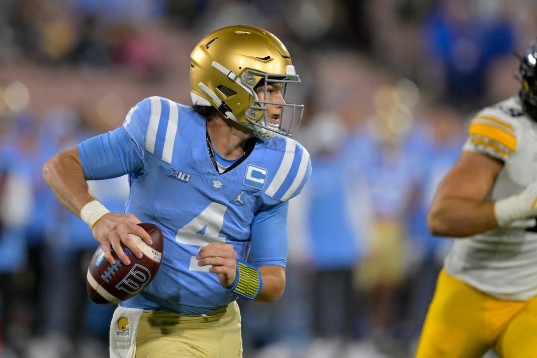 UCLA Bruins quarterback Ethan Garbers looks to pass in the first half against the Iowa Hawkeyes at the Rose Bowl