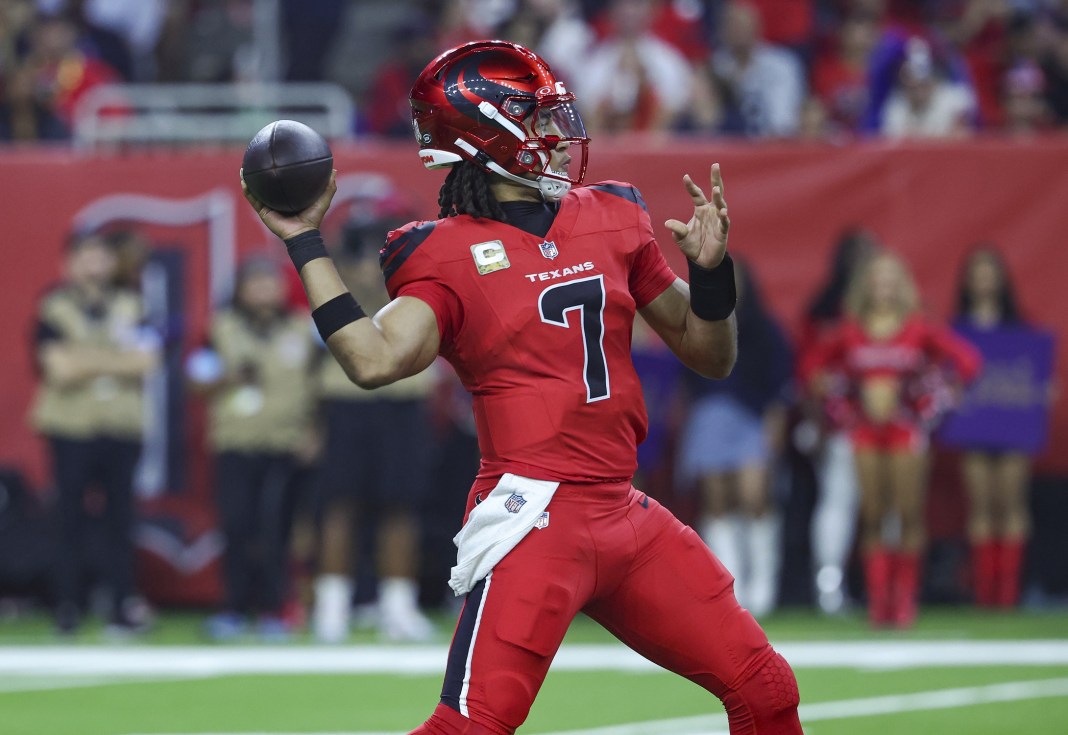 Texans quarterback C.J. Stroud throws a pass in a Week 10 meeting with the Lions in the 2024 NFL season.