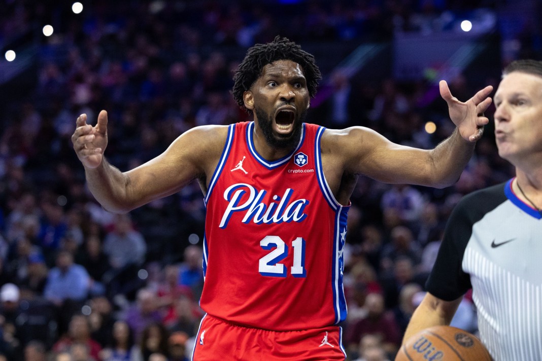 Sixers star Joel Embiid reacts to a call in a meeting with the Knicks in the 2024-25 NBA season.