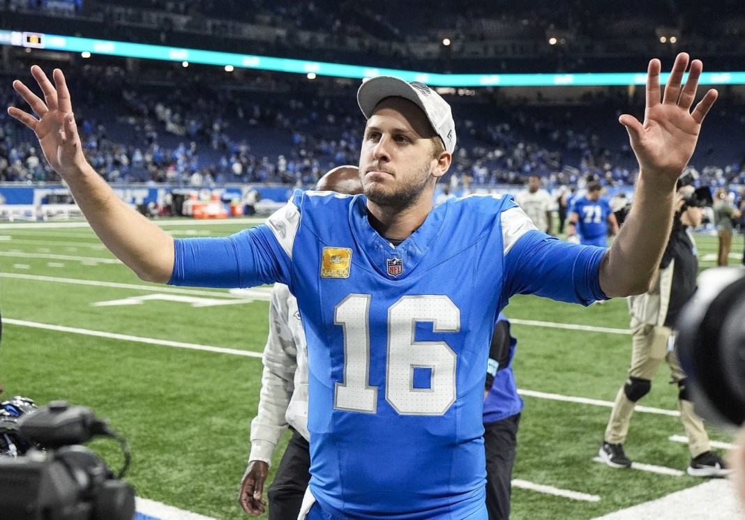 Lions quarterback Jared Goff celebrates a win over the Jaguars in Week 11 of the 2024 NFL season.