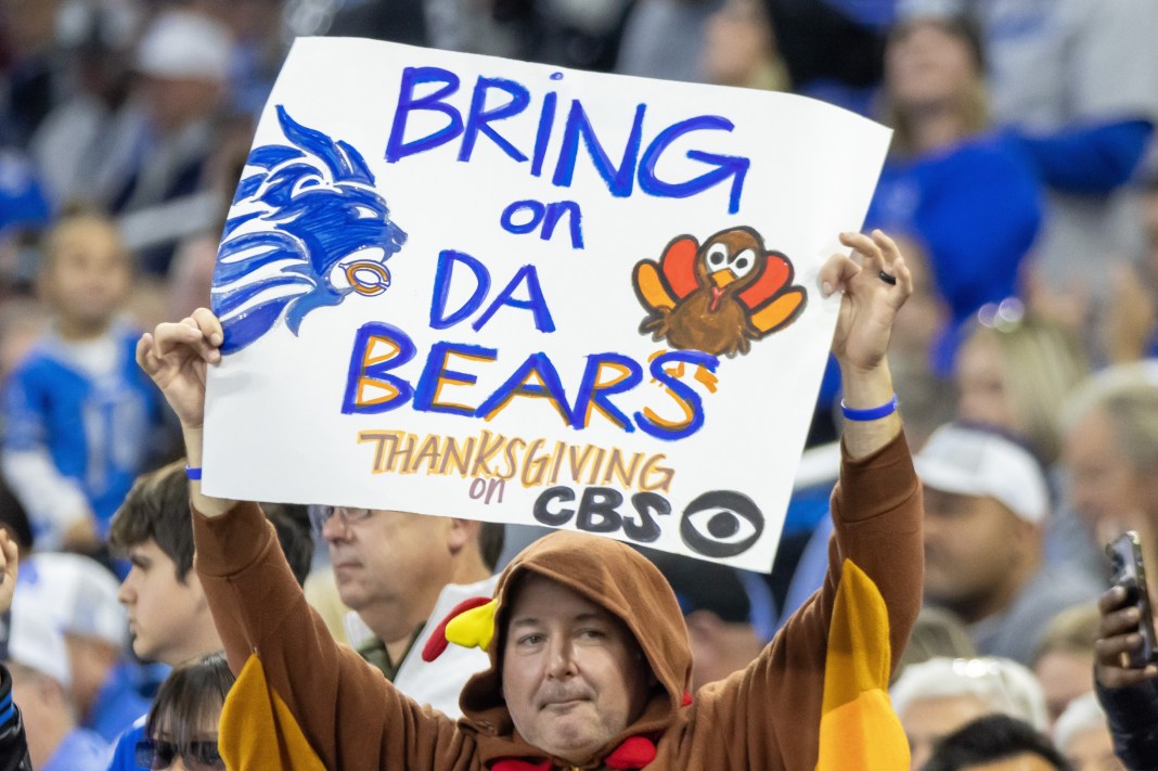 A fan dressed as a turkey looks forward to the Thanksgiving Day game during the second half between the Detroit Lions and the Jacksonville Jaguars