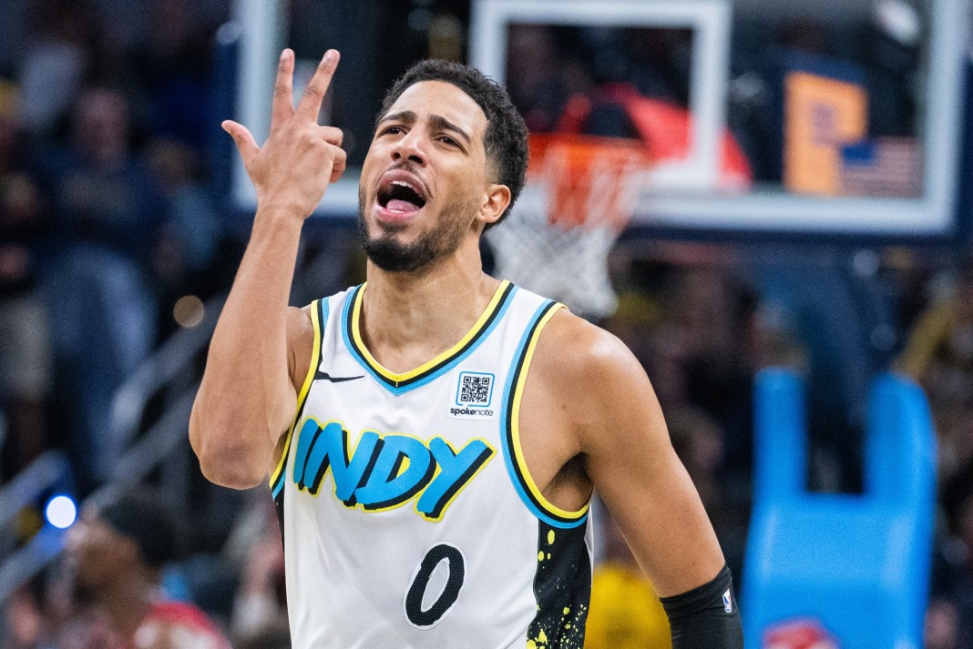 Pacers guard Tyrese Haliburton celebrates a made 3 in a meeting with the Heat during the 2024-25 NBA season.