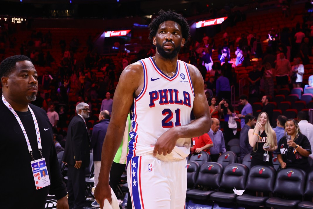 Philadelphia 76ers center Joel Embiid looks on after the game against the Miami Heat