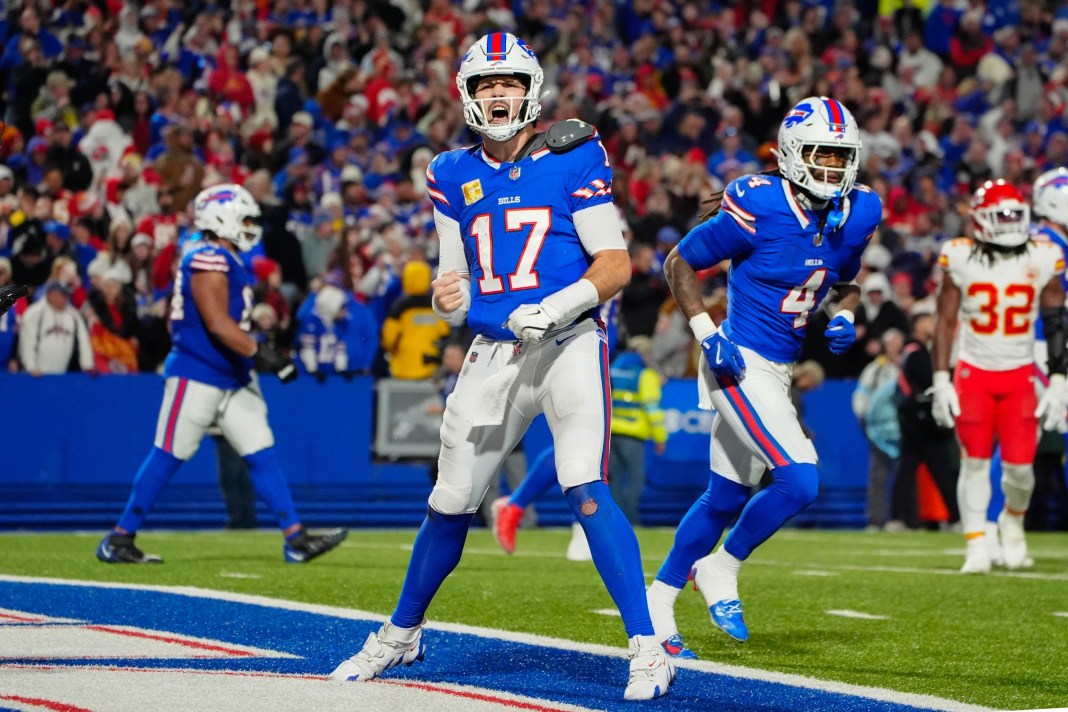 Bills superstar Josh Allen celebrates a touchdown against the Chiefs during the 2024 NFL season.