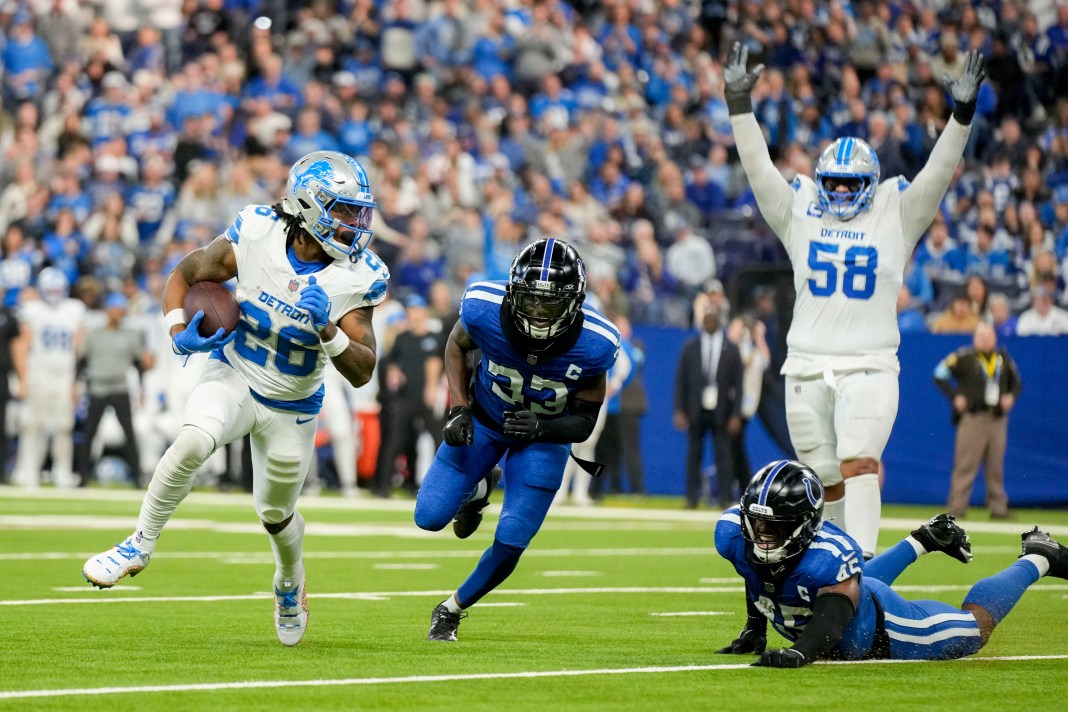 Detroit Lions running back Jermar Jefferson rushes for a touchdown during a game against the Indianapolis Colts