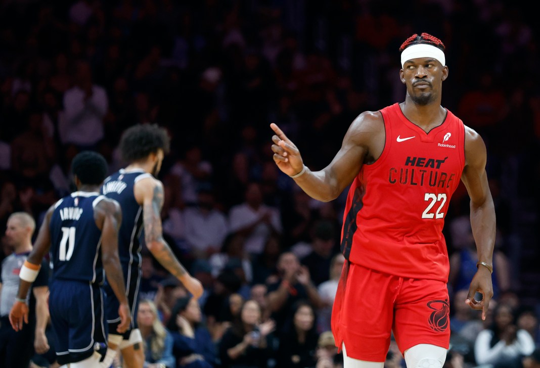 Miami Heat forward Jimmy Butler reacts against the Dallas Mavericks