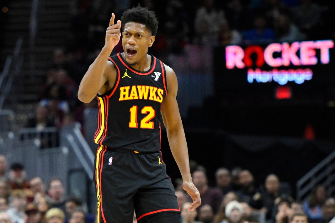 Atlanta Hawks guard Kobe Bufkin celebrates his three-point basket in the first quarter against the Cleveland Cavaliers