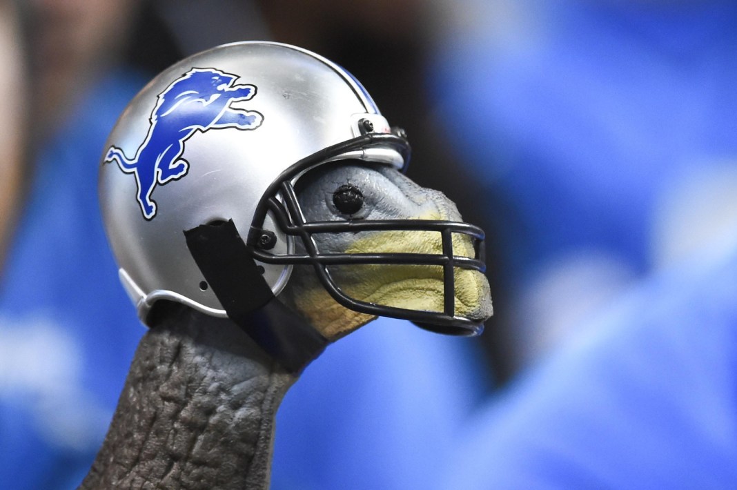 A turkey wears a Detroit Lions helmet during the NFL game on Thanksgiving against the Philadelphia Eagles at Ford Field