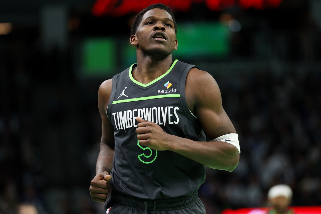 Minnesota Timberwolves guard Anthony Edwards runs up court during the second half of an NBA Cup game against the LA Clippers