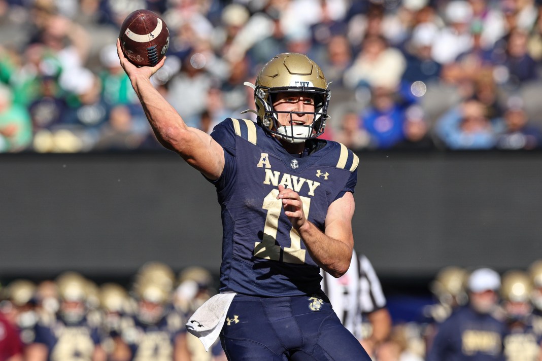 Navy Midshipmen quarterback Blake Horvath passes the ball during the second half against the Notre Dame Fighting Irish