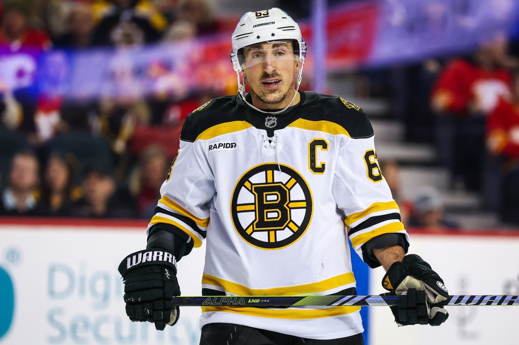 Boston Bruins left wing Brad Marchand (63) skates during the third period of the game against the Calgary Flames at Scotiabank Saddledome on December 17, 2024