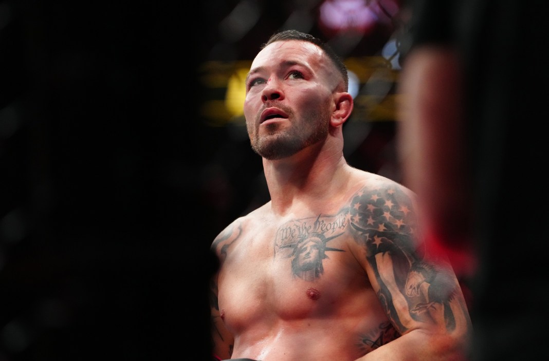 Colby Covington reacts after losing to Leon Edwards (not pictured) during UFC 296 at T-Mobile Arena