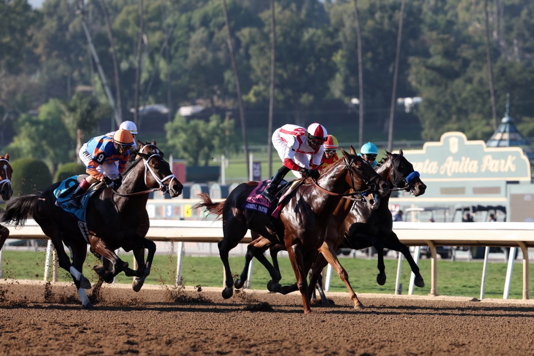 GENERAL PARTNER (8) with Manuel Franco takes an early lead as FIERCENESS (9) with John Velazquez follow in the BREEDERS' CUP JUVENILE race during the 2023 Breeders' Cup World Championship