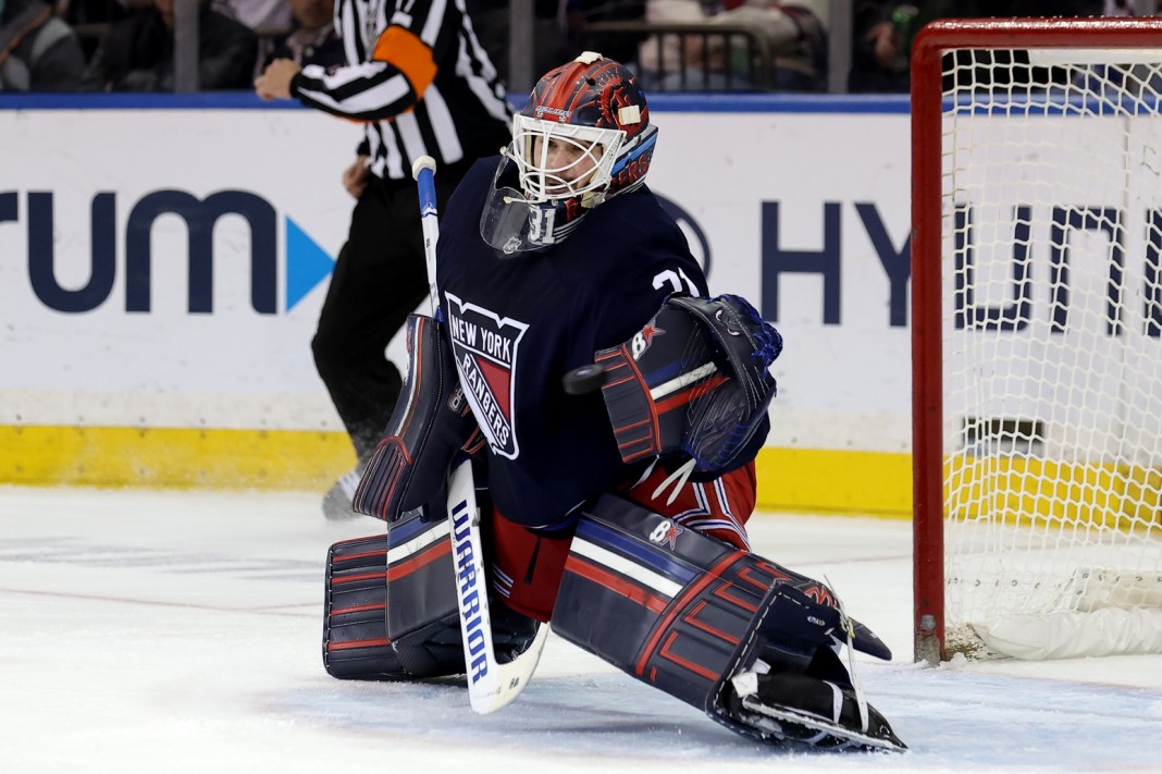 New York Rangers goaltender Igor Shesterkin makes a save against the Pittsburgh Penguins