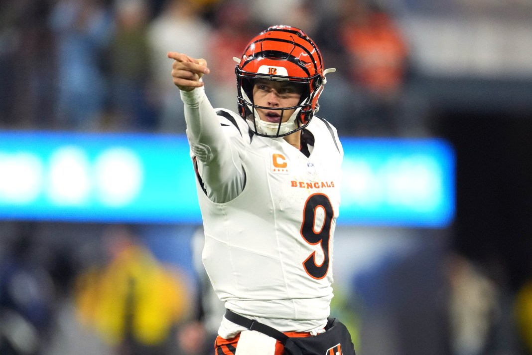 Cincinnati Bengals quarterback Joe Burrow gestures after a first down against the Los Angeles Chargers in the second half at SoFi Stadium