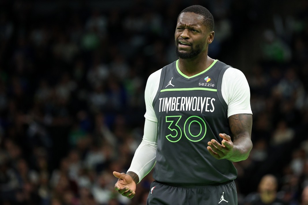 Minnesota Timberwolves forward Julius Randle reacts to a call during the second half of an NBA Cup game against the LA Clippers