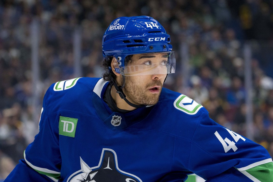 Vancouver Canucks forward Kiefer Sherwood during a stop in play against the New York Rangers