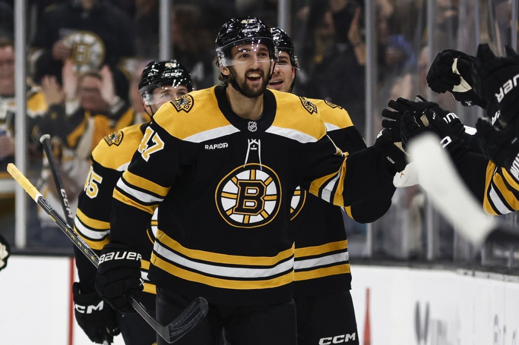 Boston Bruins center Mark Kastelic celebrates his goal with teammates on the bench during the second period against the Toronto Maple Leafs