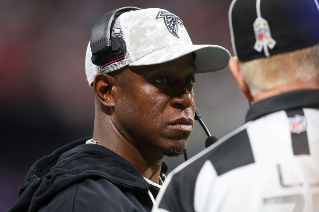 Atlanta Falcons head coach Raheem Morris on the sideline against the Dallas Cowboys in the second quarter at Mercedes-Benz Stadium