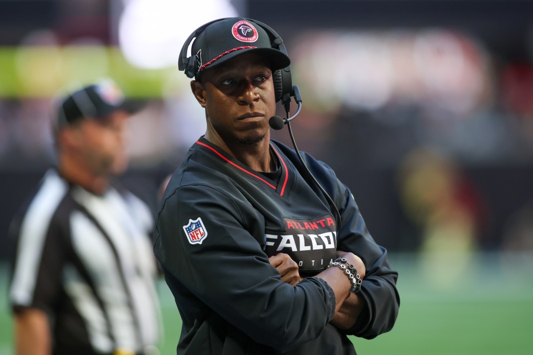 Atlanta Falcons head coach Raheem Morris on the sideline against the Seattle Seahawks