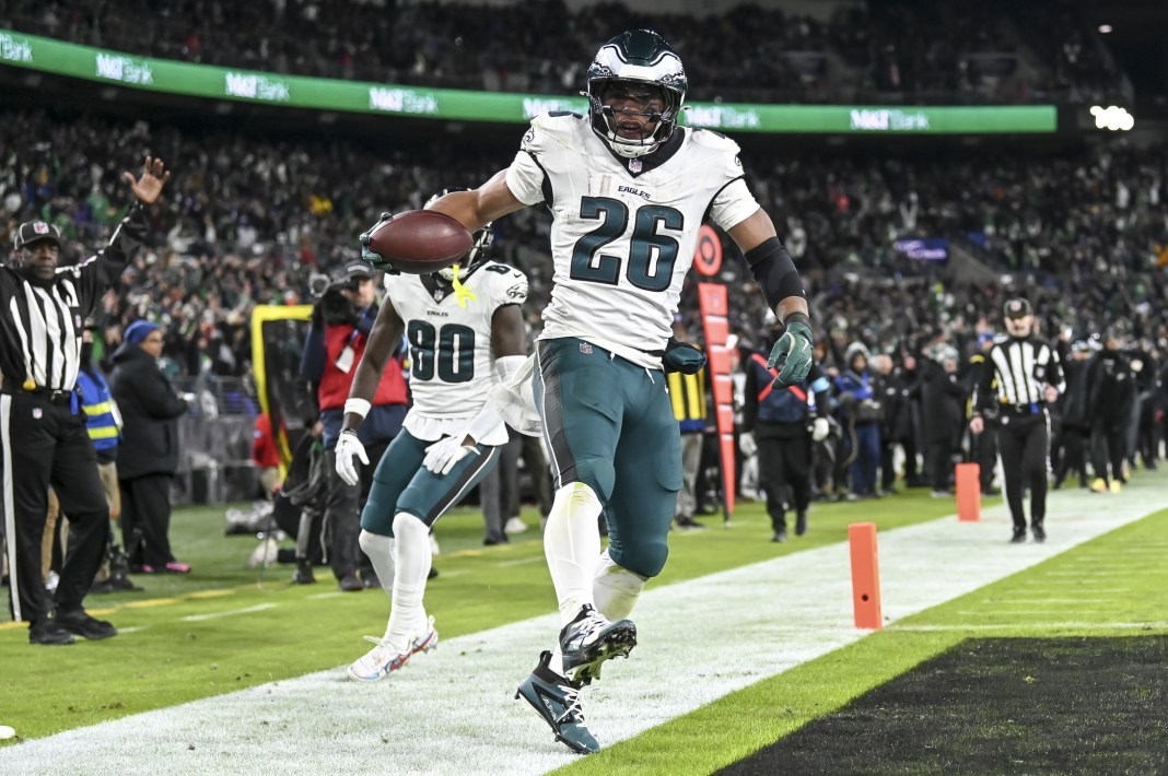 Philadelphia Eagles running back Saquon Barkley celebrates a second half touchdown against the Baltimore Raven