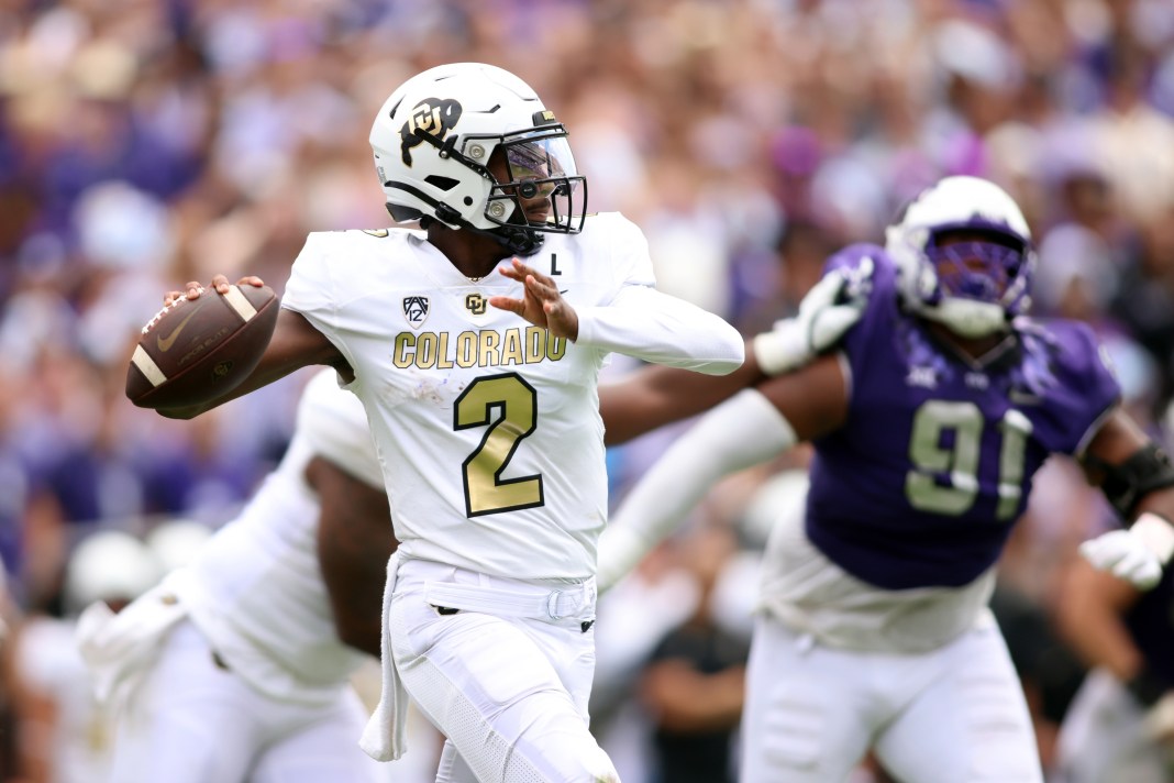 Colorado Buffaloes quarterback Shedeur Sanders throws a pass in the second quarter against the TCU Horned Frogs