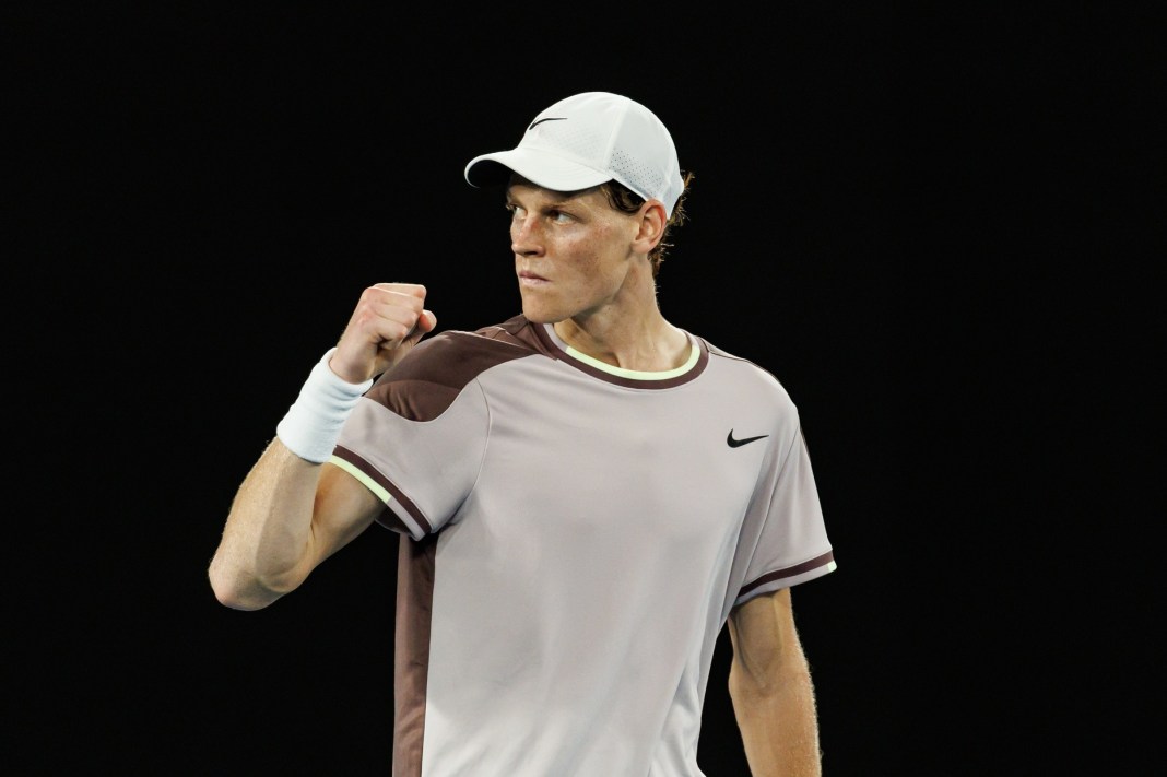 Jannik Sinner celebrates a point won against Daniil Medvedev in the 2024 Australian Open final.