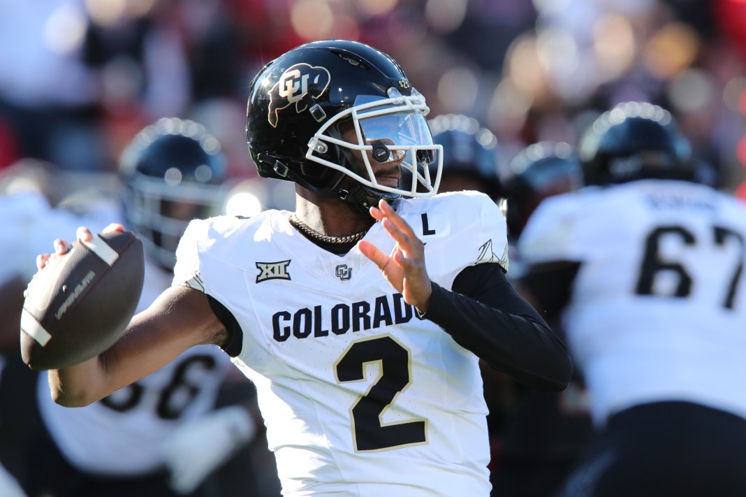 Colorado quarterback Shedeur Sanders throws a pass against Texas Tech during the 2024 college football season.