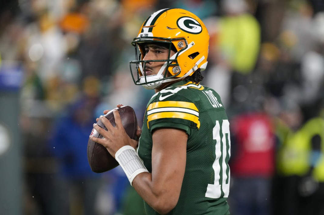 Packers quarterback Jordan Love warms up against the Dolphins during the 2024 NFL season.