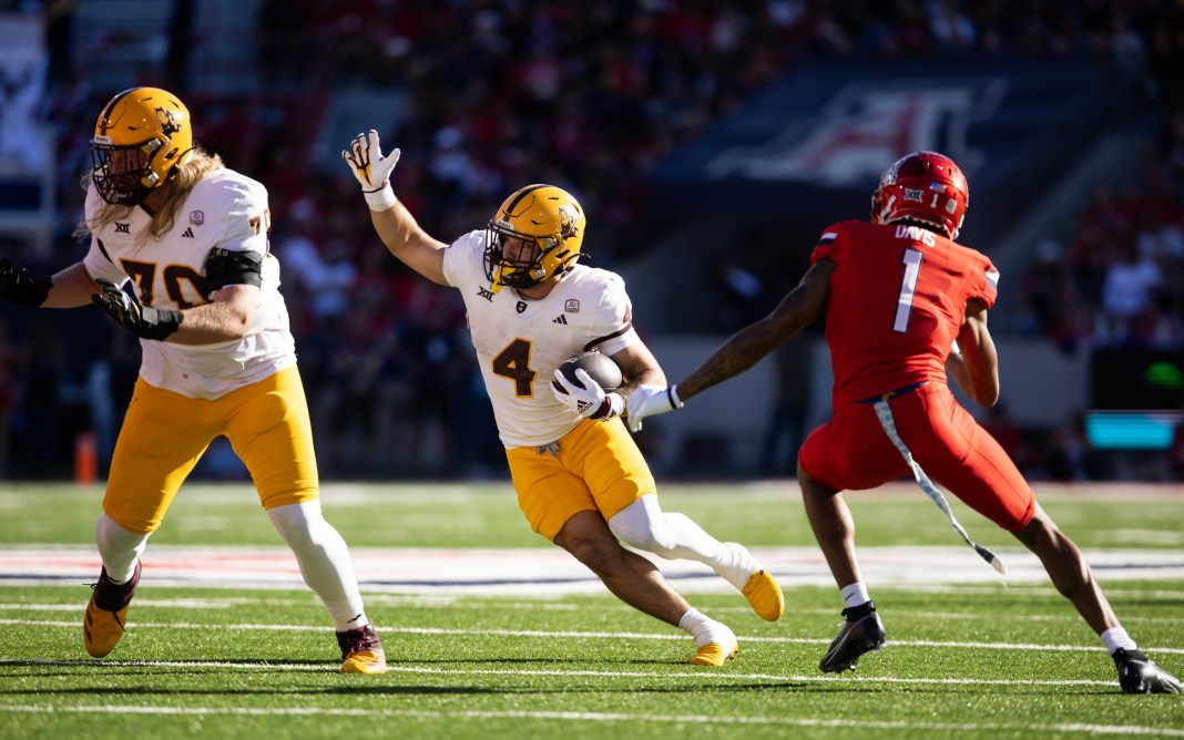 Arizona State Sun Devils running back Cam Skattebo (4) against the Arizona Wildcats in the first half during the Territorial Cup at Arizona Stadium