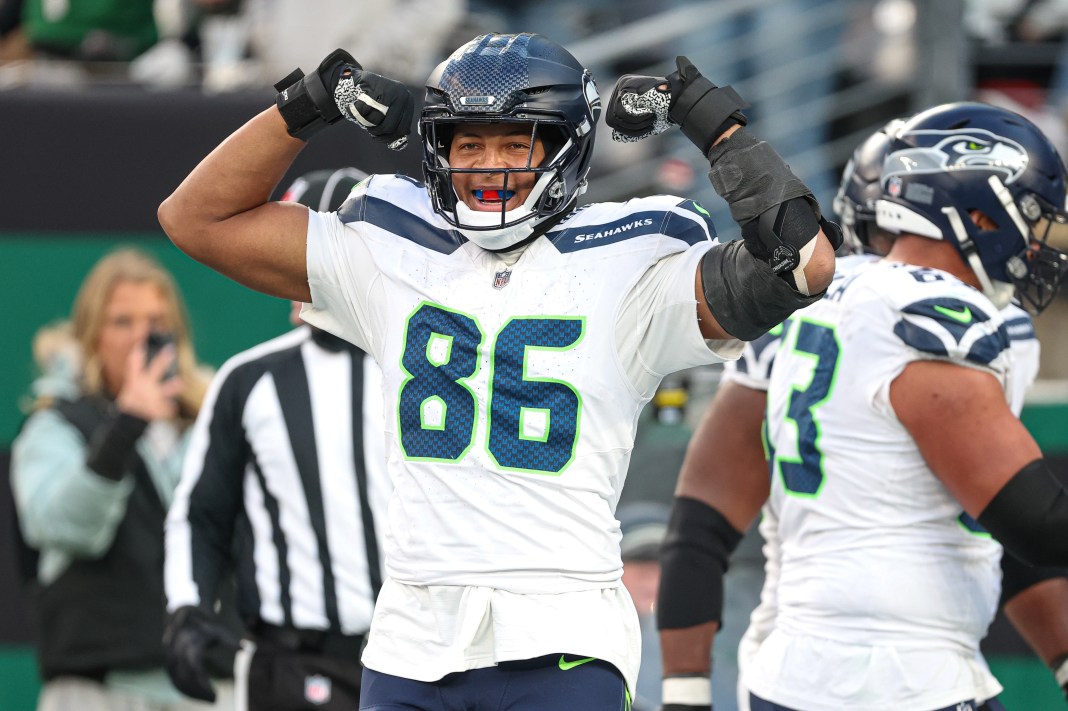 Seattle Seahawks tight end Pharaoh Brown reacts during the second half against the New York Jets at MetLife Stadium