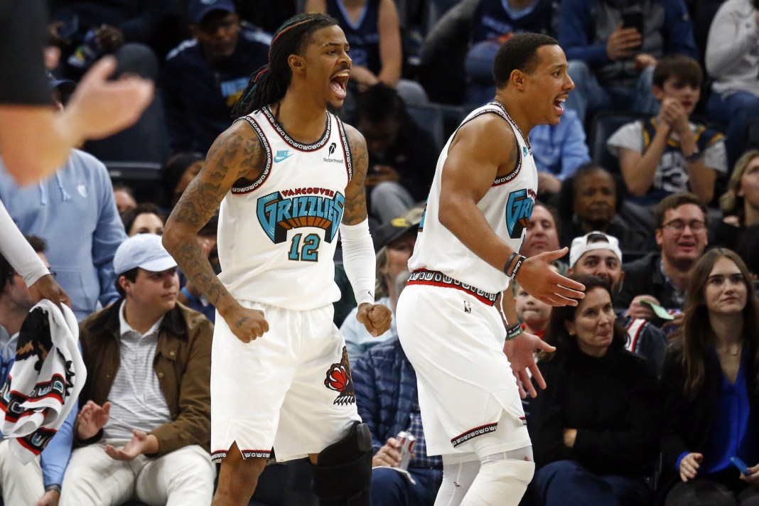 Grizzlies star Ja Morant celebrates a basket against the Pacers during the 2024-25 NBA season.