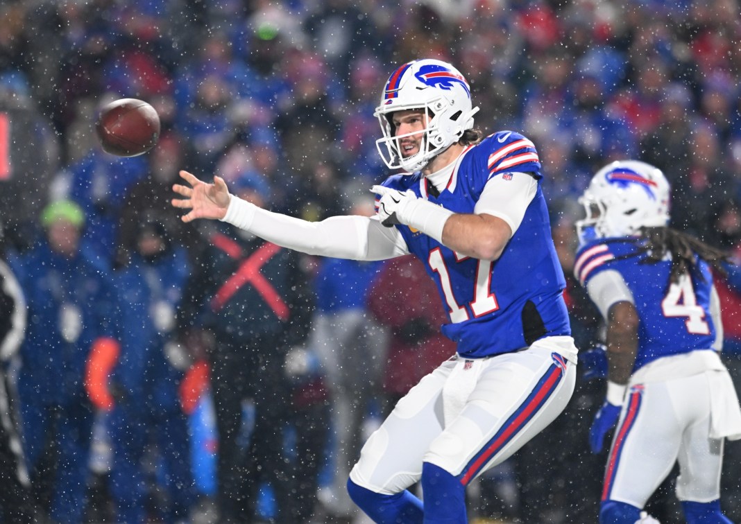 Bills quarterback Josh Allen throws a pass against the 49ers during the 2024 NFL season.