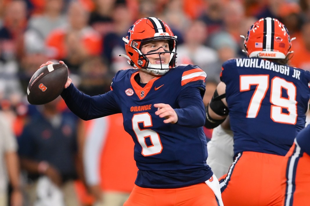 Syracuse quarterback Kyle McCord throws a pass against Miami during the 2024 college football season.