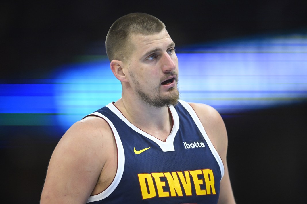 Nuggets superstar Nikola Jokic looks on against the Cavaliers during the 2024-25 NBA season.