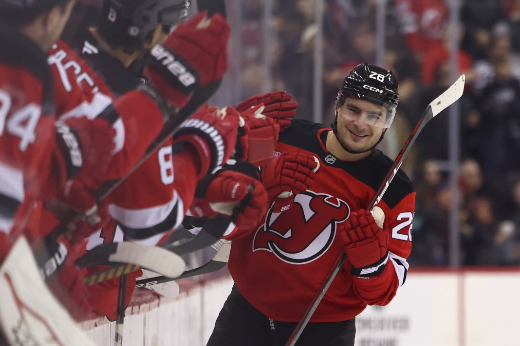 New Jersey Devils right wing Timo Meier (28) celebrates his goal against the Seattle Kraken