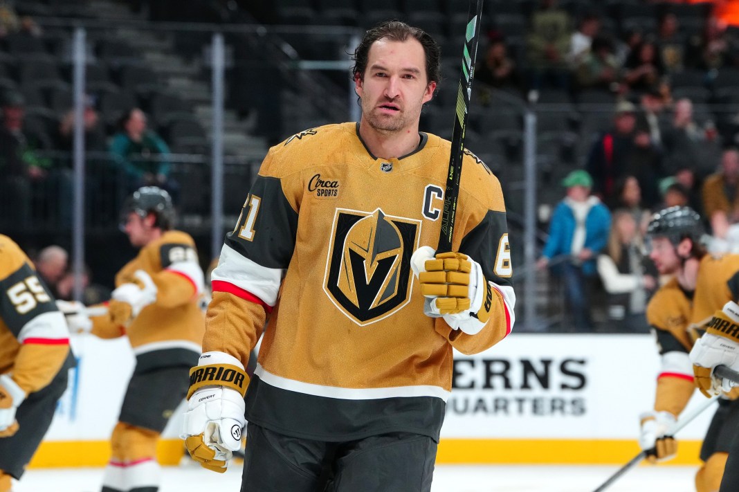 Vegas Golden Knights right wing Mark Stone warms up before a game against the Dallas Stars at T-Mobile Arena