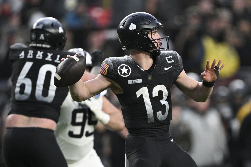 Army quarterback Bryson Daily looks to make a play against Navy during the 2024 season.