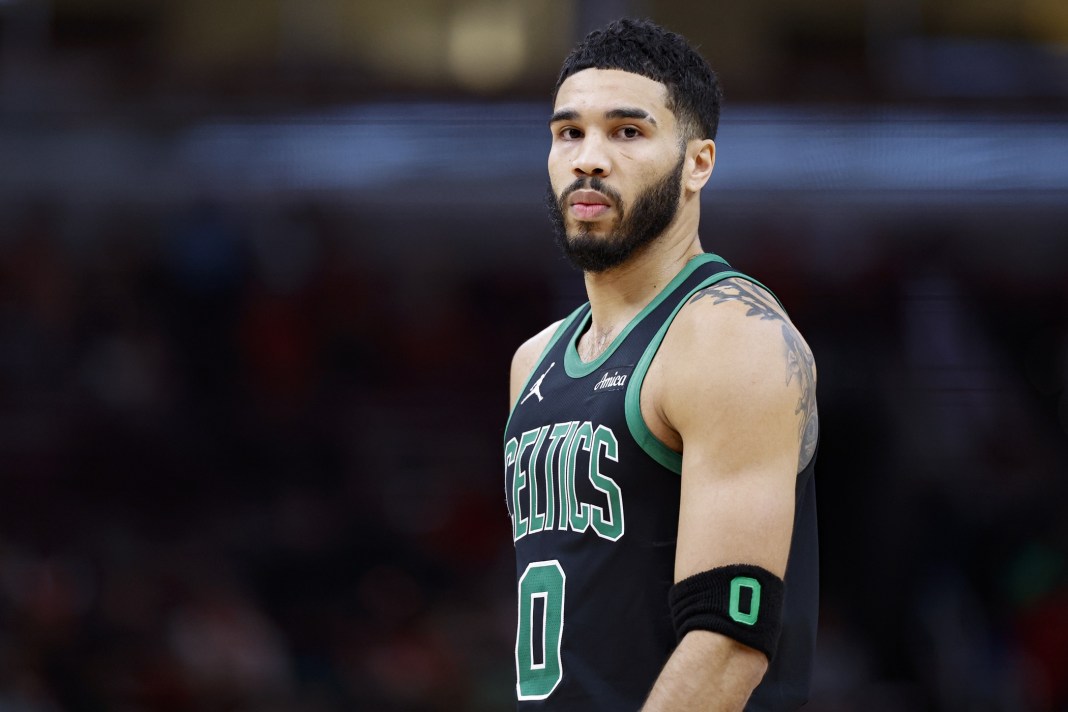 Celtics star Jayson Tatum looks on against the Bulls during the 2024-25 NBA season.