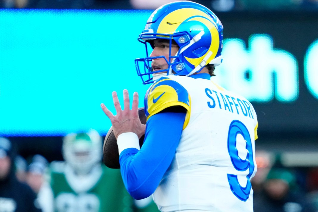 Rams quarterback Matthew Stafford looks to make a throw against the Jets during the 2024 NFL season.