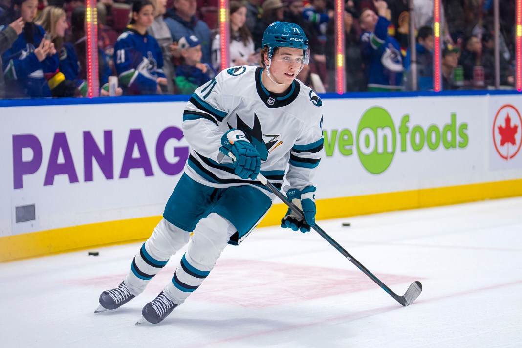 San Jose Sharks forward Macklin Celebrini (71) skates during warm-ups before the game against the Vancouver Canucks at Rogers Arena on December 23, 2024.