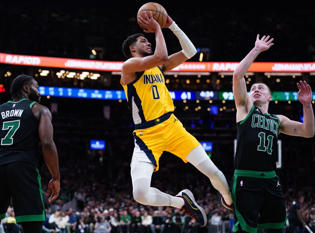 Pacers guard Tyrese Haliburton looks to make a shot against the Celtics.