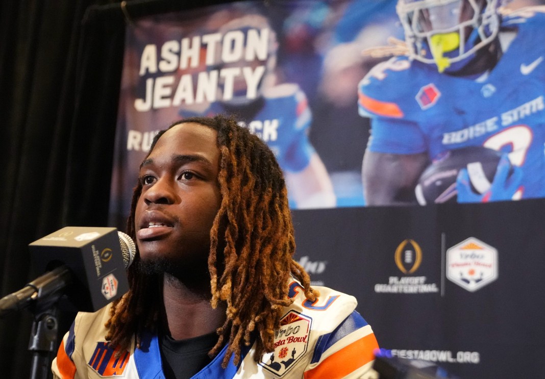 Boise State Broncos running back Ashton Jeanty speaks to the media at Arizona Ballroom at Camelback Inn on December 29, 2024, ahead of the Vrbo Fiesta Bowl against Penn State Nittany Lions