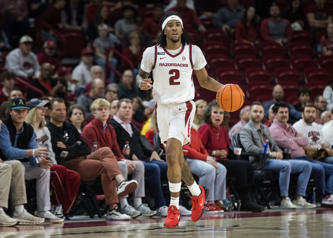 Arkansas Razorbacks guard Boogie Fland brings the ball down the court during the second half against the Texas-San Antonio Roadrunners