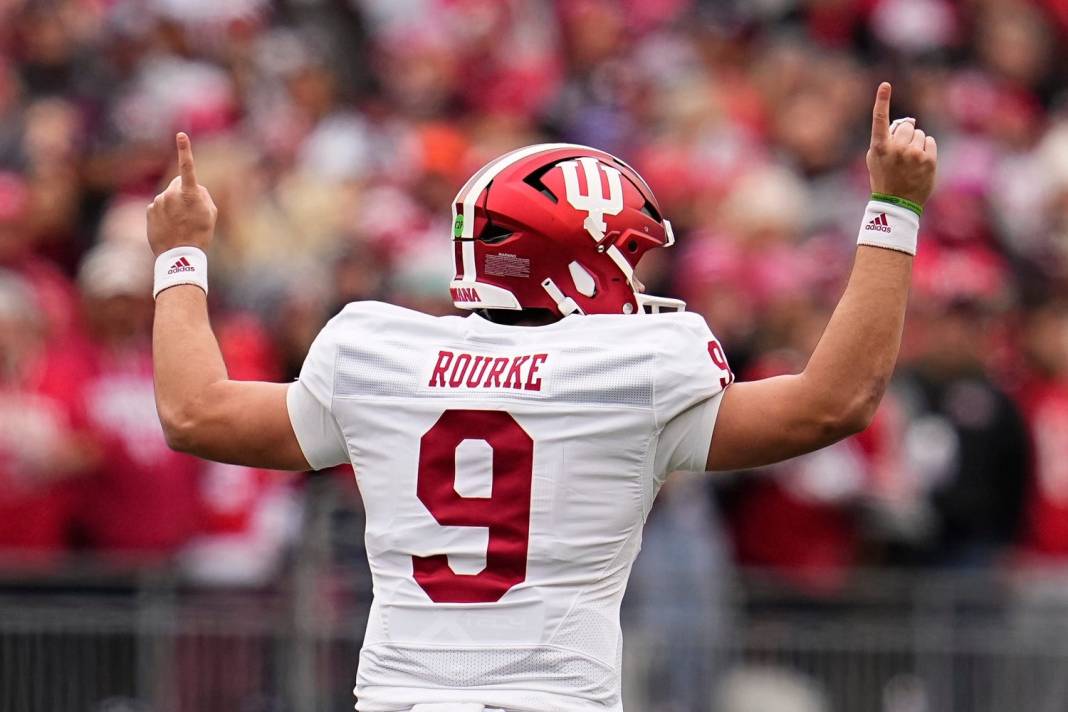 Indiana Hoosiers quarterback Kurtis Rourke points upwards