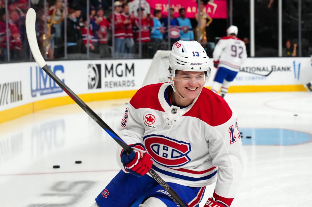 Montreal Canadiens right wing Cole Caufield (13) warms up before the game against the Vegas Golden Knights at T-Mobile Arena on December 31, 2024