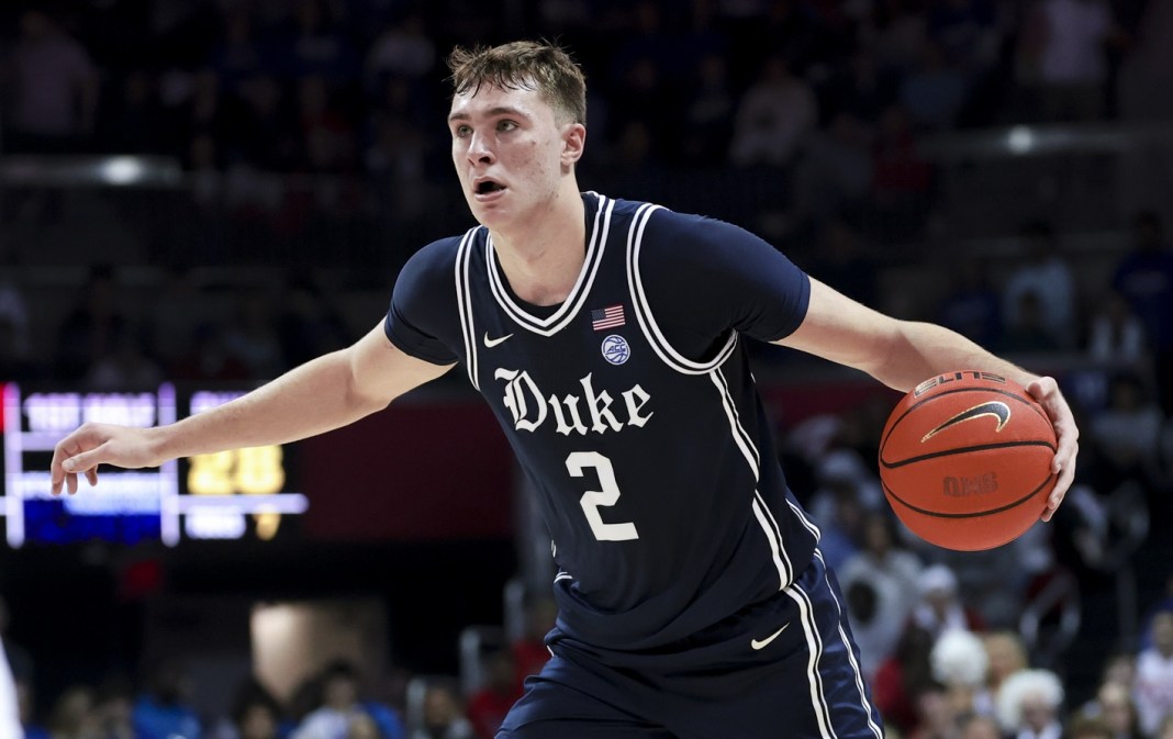 Duke Blue Devils guard Cooper Flagg (2) controls the ball during the first half against the SMU Mustangs at Moody Coliseum on January 4, 2025