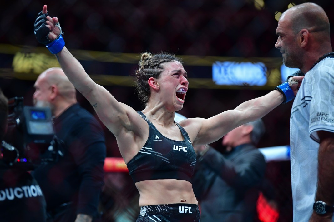 Mackenzie Dern celebrates her decision victory over Amanda Lemos during UFC 298 at Honda Center in Anaheim, California, on February 17, 2024.