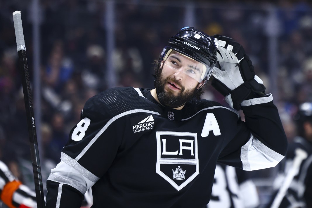 Los Angeles Kings defenseman Drew Doughty (8) looks on during the third period of the game against the Vancouver Canucks at Crypto.com Arena on April 6, 2024